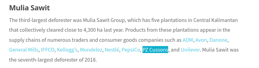 PZ Cussons mulia sawit palm oil deforestation