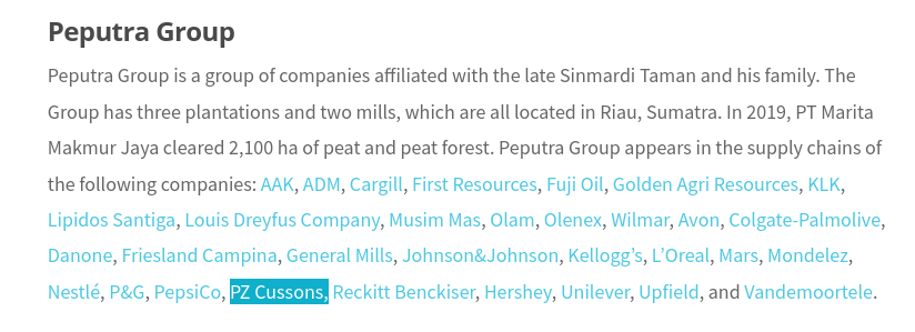 PZ Cussons Peputra group palm oil deforestation
