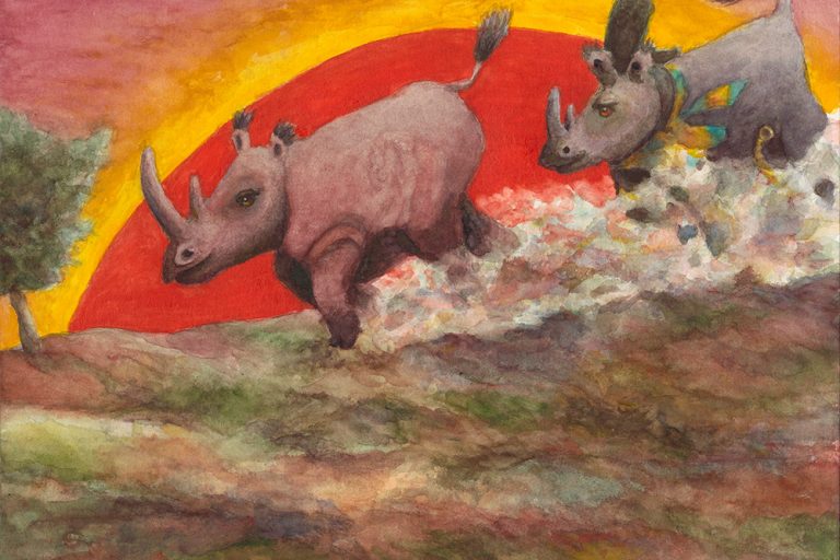 Ernest Horningway learns to charge. Painting: Dr Cleve Hicks