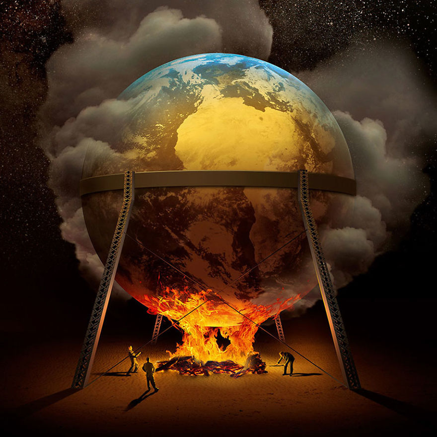 Greenwashing stock image - globe on fire