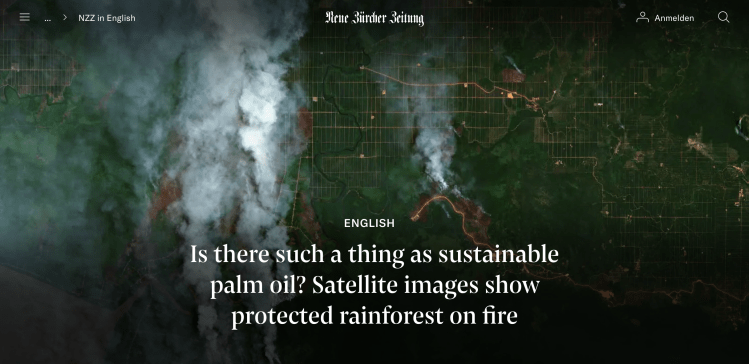 Adina Renner, Conradin Zellweger, Barnaby Skinner. ‘Is there such a thing as sustainable palm oil? Satellite images show protected rainforest on fire’. (May 2021) https://www.nzz.ch/english/palm-oil-boom-threatens-protected-rainforest-in-indonesia-ld.1625490