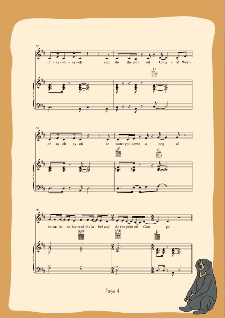 Chester Zoo educational material, words and music to the song 'Palm Oil Conga' designed for small children. 