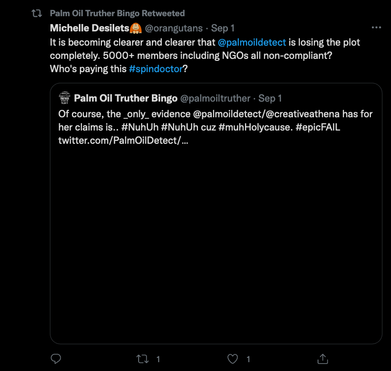 Michelle Desilets greenwashing and gaslighting people who say they don't believe that "sustainable" palm oil is real