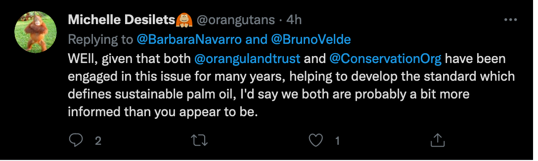 Michelle Desilets greenwashing and gaslighting people who say they don't believe that "sustainable" palm oil is real