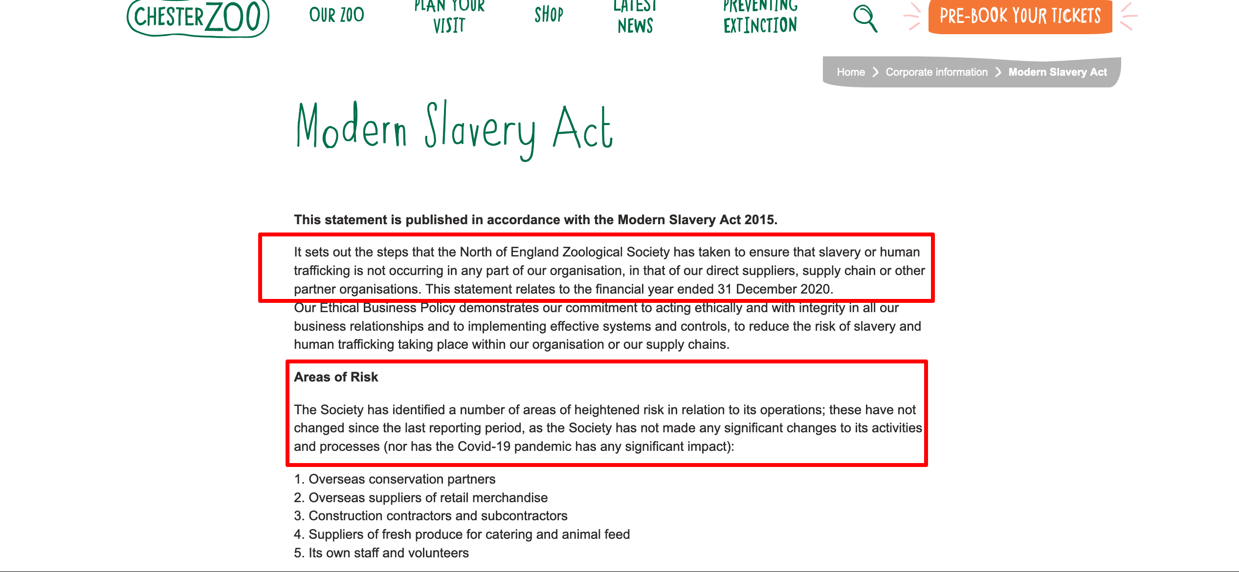 Chester Zoo's modern slavery act