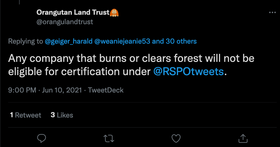 Another lie by Michelle Desilets who claims that they don't accept companies that are causing deforestation. In reality every single supply chain member of RSPO is linked to deforestation.