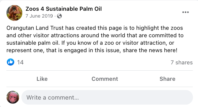 Orangutan Land Trust sets up a page to promote sustainable palm oil along with Zoos
