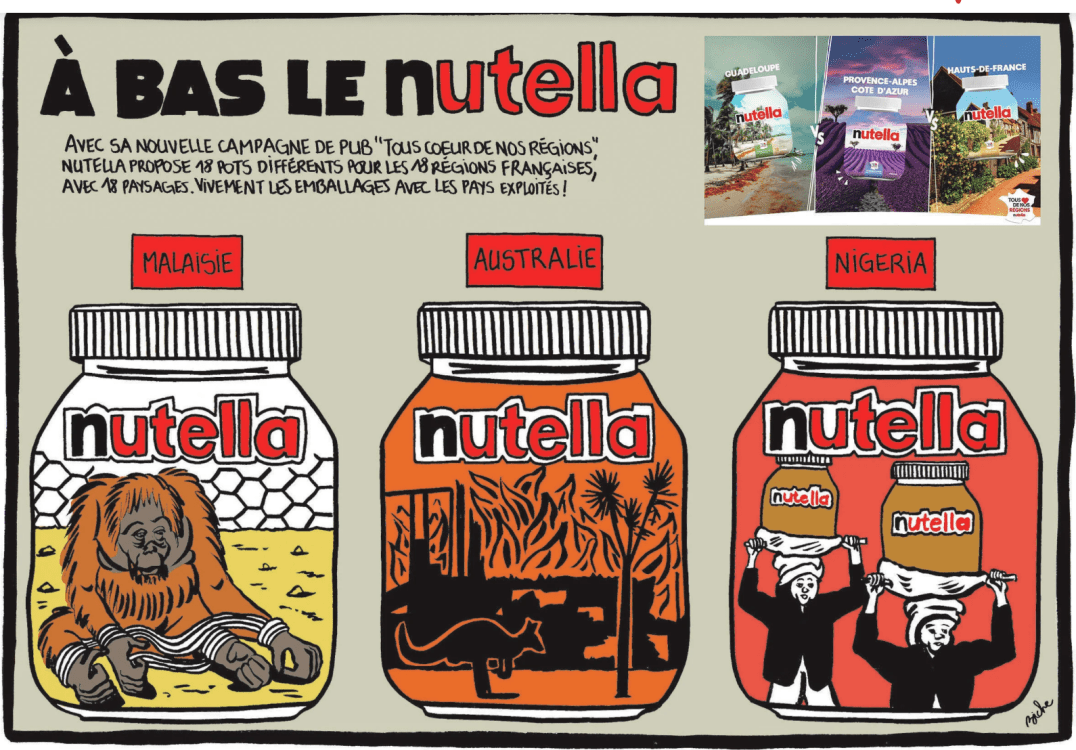 Ferrero and Nutella responsible for palm oil deforestation despite supposedly using "sustainable" palm oil. Image: Charlie Hebdo