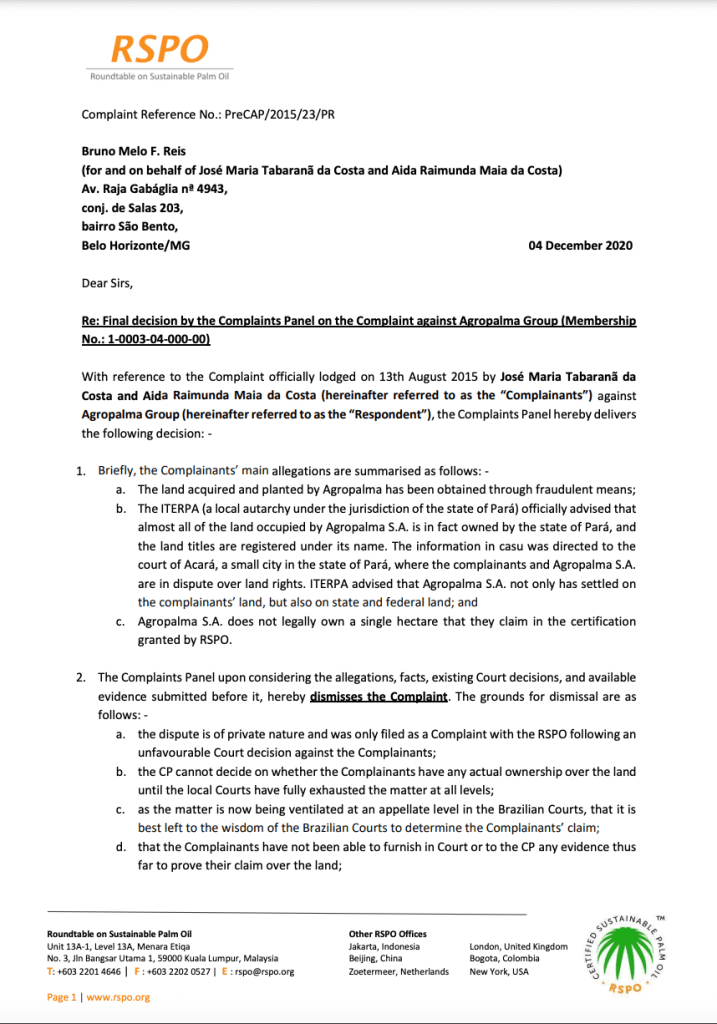 RSPO rules in favour of Agropalma in human rights case page 1