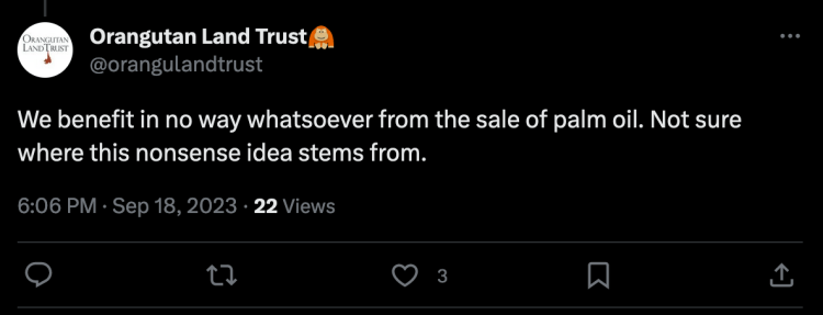 Michelle Desilets of Orangutan Land Trust with yet another lie about not profiting from palm oil despite receiving funds from serial Amazon destroyer Agropalma for decades. Original tweet: https://x.com/orangulandtrust/status/1703681816081662433?s=20