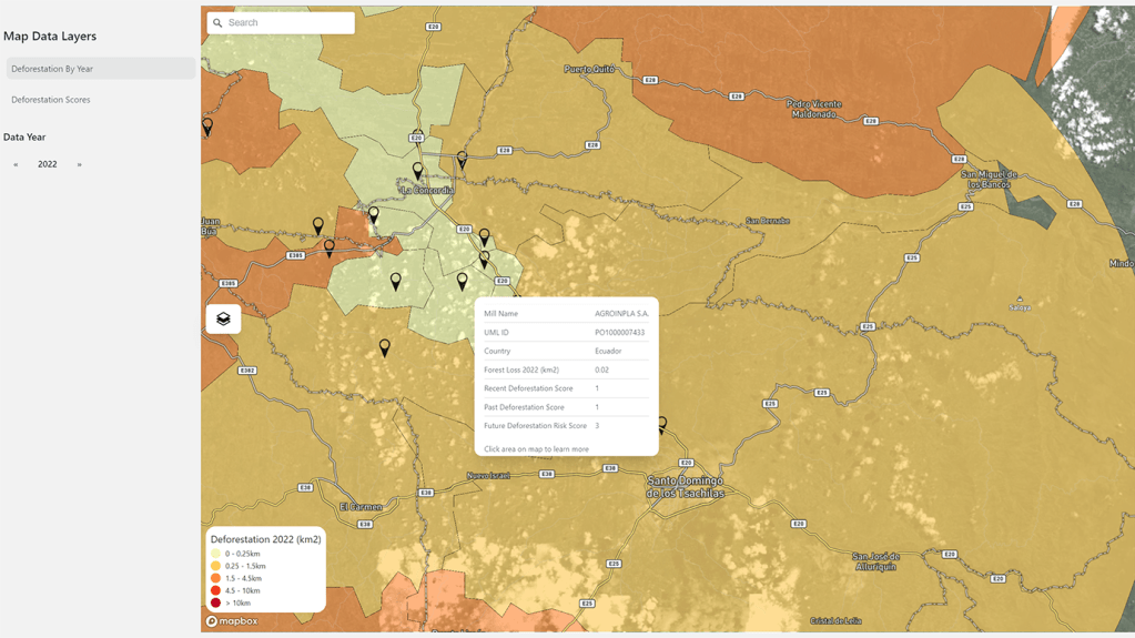 A screenshot from the PalmWatch app. Colors represent various degrees of deforestation.
